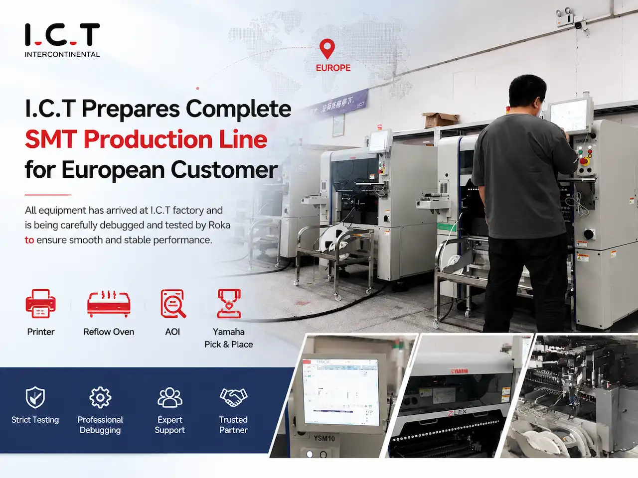 ICT خط کامل تولید SMT را برای مشتریان اروپایی آماده می کند.webp